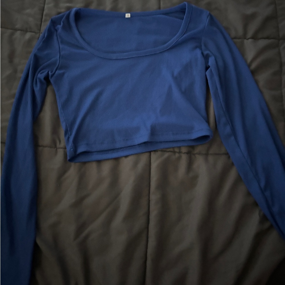 SHEIN Royal Blue Ribbed Long-Sleeve Crop Top